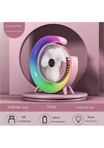 Masaüstü Vantilatör Usb Şarjlı Rgb Led Işıklı 3 Kademeli 180 Ayarlanabilir Soğutucu Fan Pembe
