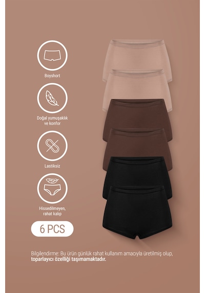 Auw Kadın Lastiksiz Pamuklu Modal Basic Boyshort 6'lı - Softfit Latte,bitter,siyah