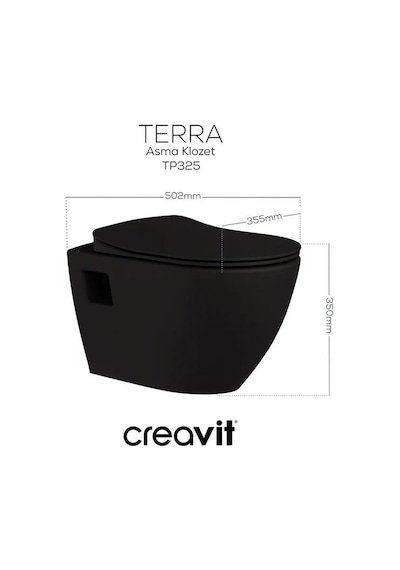 Creavit Terra Mat Siyah Asma Klozet + Yavaş Kapanır Kapak