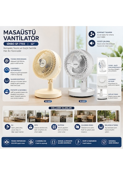 Bej 12 Inc Ev - Ofis Kompakt - Sessiz - İki Kademe Masaüstü Vantilatör Sf-7703 5691