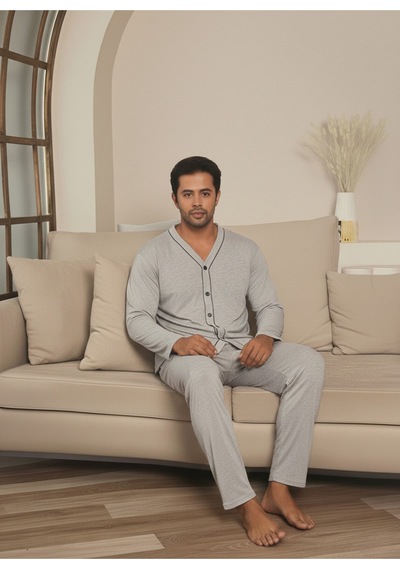 Erkek Önden Düğmeli Uzun Kollu Pijama Takım A.gri