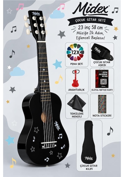 Midex Cg-230bk Çocuk Klasik Gitar Seti 3-8 Yaş 23 İnç 58 Cm Siyah Çocuk Gitarı Seti