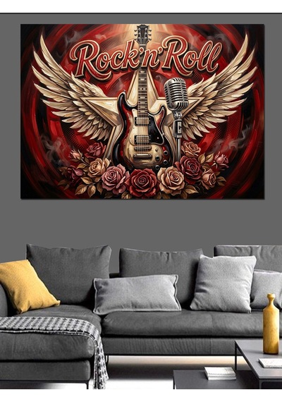 Kanatlı Gitar Rock Ve Gül Dekoratif Kanvas - Mdf Ahşap Tablo