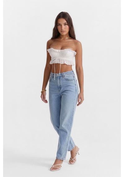 Kadın Yüksek Bel Buz Mavisi %100 Pamuk Mom Fit Jean Pantolon Mavi