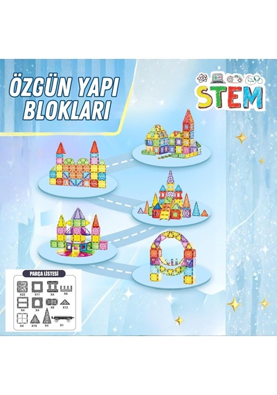Solira Store - 100 Parça 7,5 Cm Manyetik Yapı Blokları Seti Arabalı, Güçlü Mıknatıslı, Stem Eğitici Renkl