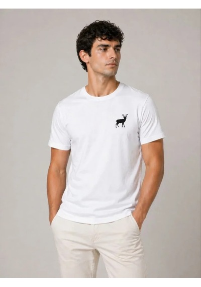 Efnaz Style Erkek Minimal Geyik Logolu Tişört Bisiklet Yaka Kısa Kol Yazlık T-shirt - Beyaz