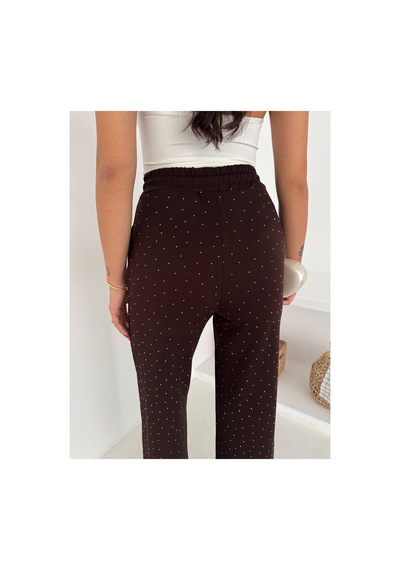 Gugus Kadın Bol Paça Modal Eşofman Altı Taşlı Wide Leg Model Kahverengi