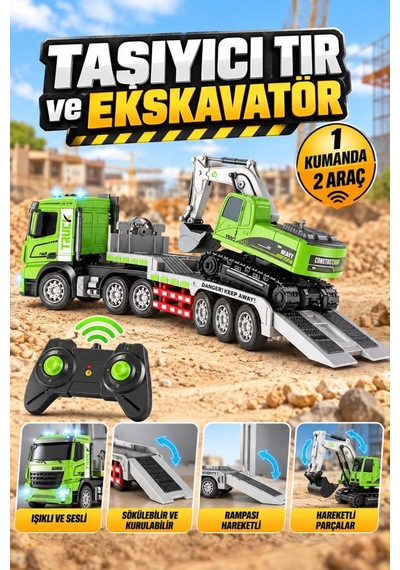 Uzaktan Kumandalı Lisanslı Tır Ve Ekskavatör 1:12 Ölçek 6 Fonksiyon 1 Kumanda 2 Araç Oyuncak Tır Çok Renkli