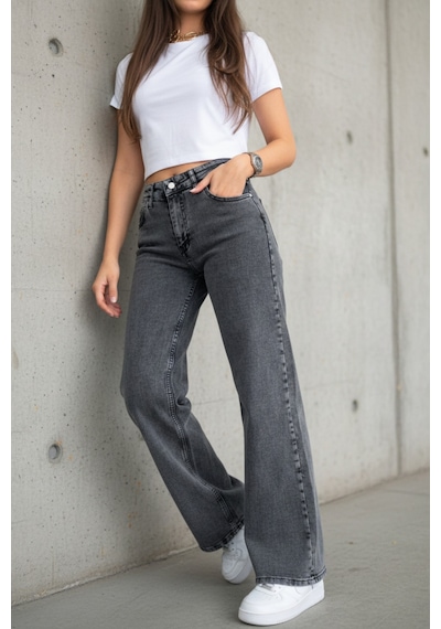 Woddi Nova Kadın Yüksek Bel Füme Salaş Jeans Wide Leg Geniş Paça Palazzo Kot Pantolon