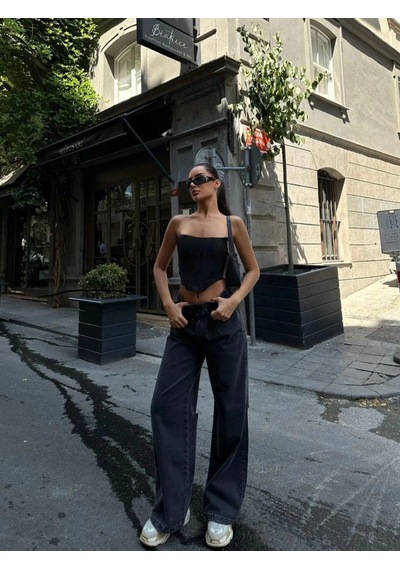 Freedom Storee Kadın Arkadan Yırtmaçlı Jeans Kot Palazzo Pantolon - Siyah Çok Renkli