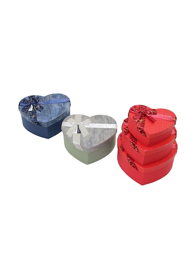 3pcs Kalp Çizgili Mix Renkli - Kabartma Desen Karton Hediye Kutusu Kurdelalı 22x20-19x17-16x14cm 4887