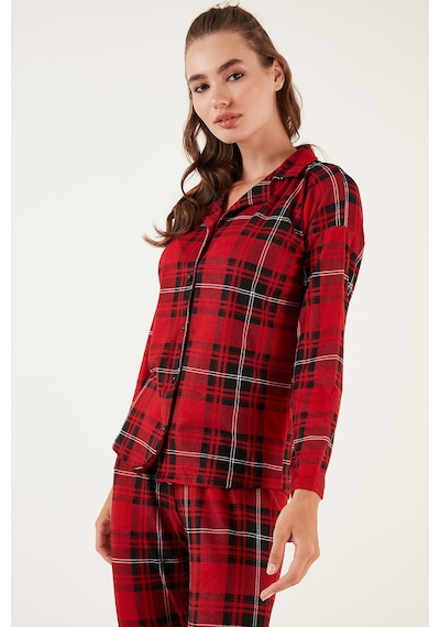 Lela Desenli Beli Lastikli Gömlek Yaka Dokuma Bayan Pijama Takımı 6095660W4 Kırmızı-Siyah