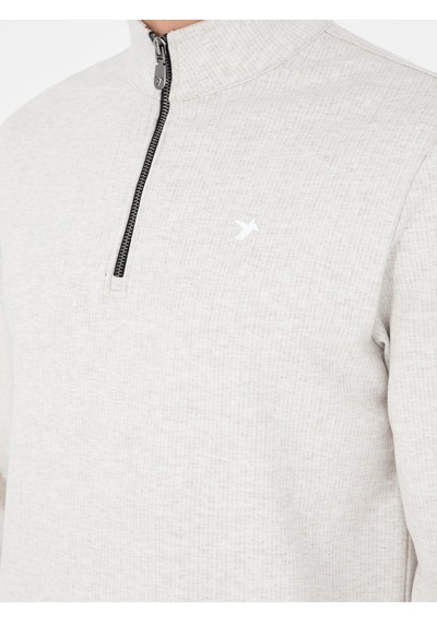 Ekru Regular Fit Pamuk Karışımlı Yarım Fermuarlı Sweatshirt Bej