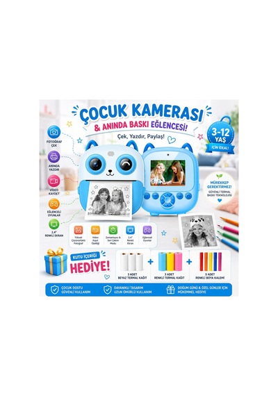 Robeve Video Kayıtlı Selfie Özellikli Anında Baskılı Termal Yazıcılı Fotoğraf Makinesi