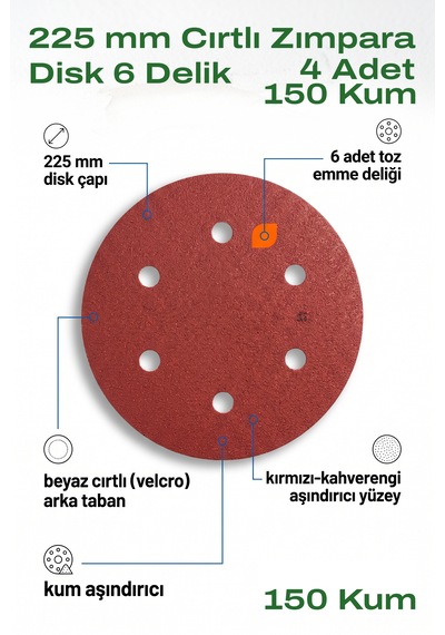 225 Mm Cırt Zımpara 150 Kum 6 Delikli Disk Zımpara 4 Adet Duvar Alçı Tabanı İçin