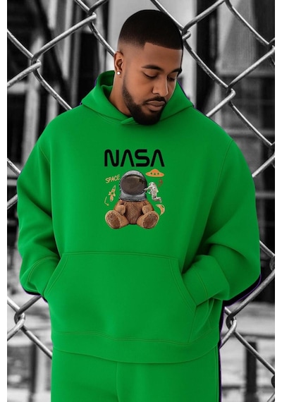 Benroma 3 İplik Penye Nasa Baskılı Büyük Beden Sweatshırt Yeşil