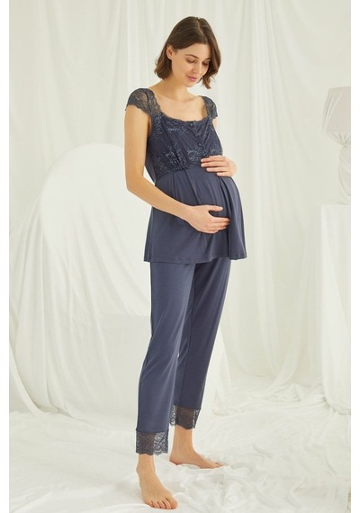 Burdagel Monamise Kadın Lacivert Hamile Lohusa Sabahlıklı Pijama Takım 182