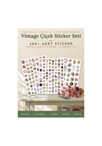 Vintage Çiçek Sticker Seti 424 Adet 9 Farklı Boy Botanik Ajanda Scrapbook Journal 6 A4 Sayfa Çok Renkli