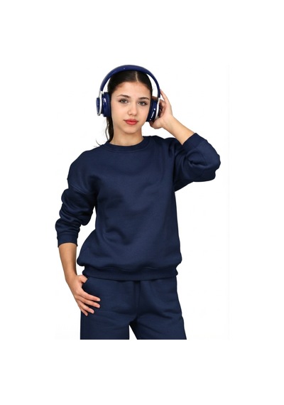 Erdem Kıds Unisex Kız-erkek Çocuk Paçası Lastikli 3 İplik Şardonlu Pamuklu Basic Bisiklet Yaka Okul Eşofman Takımı Lacivert Lacivert