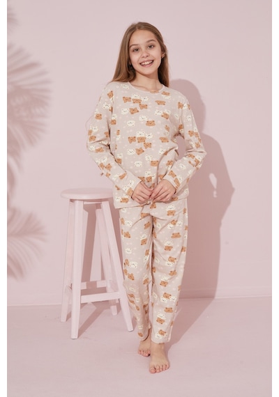 Siyah İnci Pamuklu Örme Pijama Takım 24241098 Bej