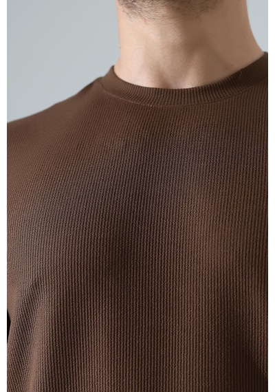 Erkek Fitilli Slim Fit Bisiklet Yaka Düz Renk T-shirt Kahverengi