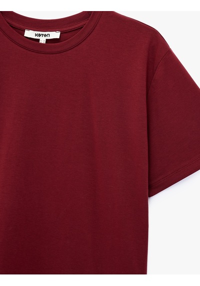 Koton Pamuklu Kısa Kollu Bisiklet Yaka Oversize Basic Tişört Bordo 7wak50007ek