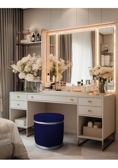 Zerafet Silver Kaplama Luxery Puf-mavi Babyface Kumaş Pofuduk Oturma Pufu&makyaj Pufu&bench