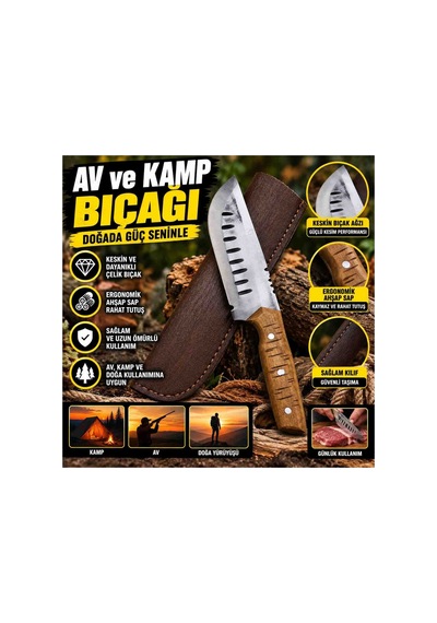 Av Ve Kamp Bıçağı Keskin Çelik Bıçak Ergonomik Ahşap Sap Ve Deri Kılıflı