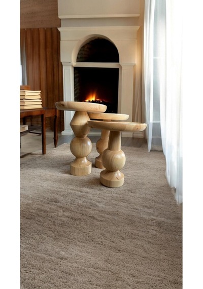 Wood Ahşap 3 Lü Set Fitilli Mantar Yan Sehpa Modern Fiskos / Çiçeklik / Zigon Sehpa Vernikli Ahşap