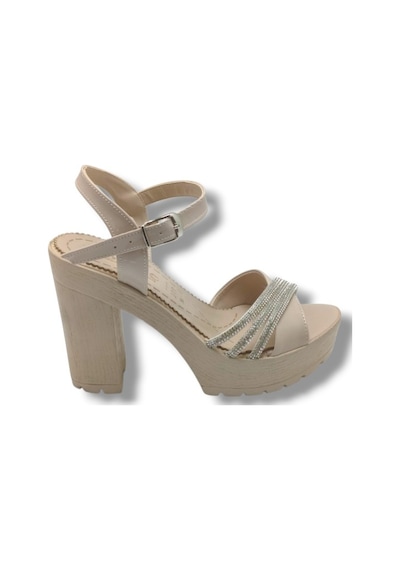 Selfie 4260-26 Rugan Taşlı Çapraz Bant Platform Topuk Fashion Kadın Sandalet 11cm Bej