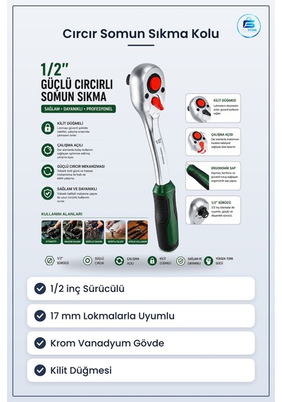 1/2 İnç Cırcır Somun Sıkma Kolu 17 Mm Krom Vanadyum Kaymaç Sap Ot