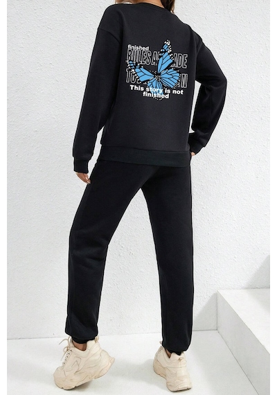 Uyguntarz Unisex Blues Butterfly Baskılı Bisiklet Yaka Eşofman Takımı Siyah