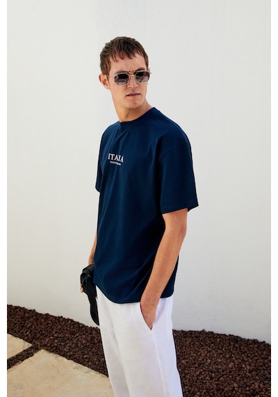 Grımelange ITALIA Erkek %100 Organik Pamuk Ön Arka Baskı Detaylı Oversize Kısa Kol Lacivert T-Shirt