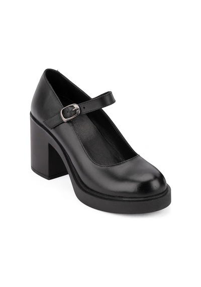 Kadın Hakiki Deri Kalın Topuklu Bantlı Günlük Ayakkabı / Mary Jane Shoes Siyah