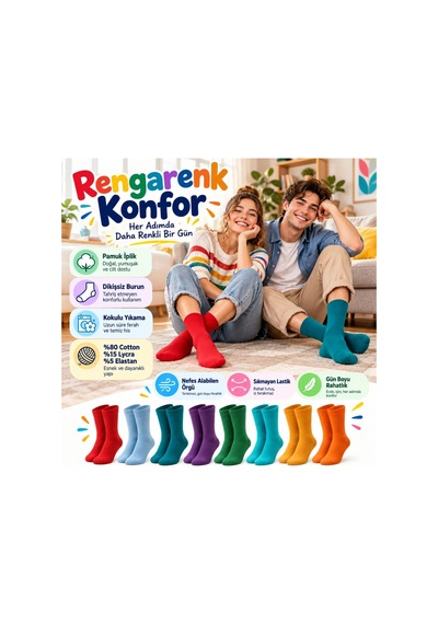 Womanandkids Wak Unisex Renkli Çorap 8'li Set Günlük Rahat Esnek Uzun Soket Çorap Canlı Renkler Yumuşak Konforlu Seti Çok  Renkli