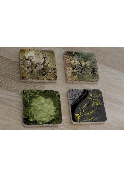 Yeşil Soyut Tasarımlar Doğal Taş Bardak Altlığı 4'lü Set - Natural Stone Coasters - Taş Yeşil