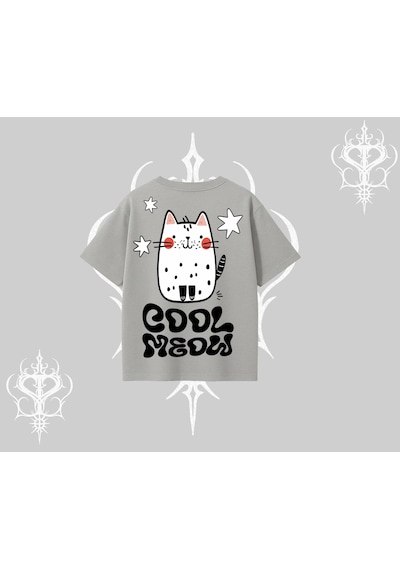 Tarzsokak Cool Meow Yazılı Sevimli Kedi Arka Baskılı Oversize Tshirt Gri