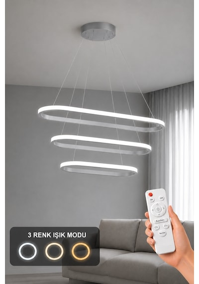 AvizeGO Elipso 3'lü Led Sarkıt Avize 3 Renk Kumandalı Gri