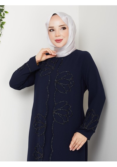 Eslemnur Lotus Çiçek Taşlı Büyük Beden Anne Elbisesi Lacivert