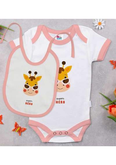 Bk Kids Super Hero Tasarımlı Pembe Bebek Body Zıbın Ve Mama Önlüğ Çok Renkli