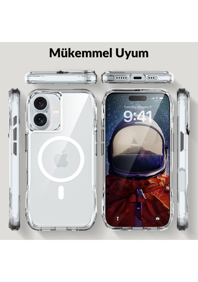 Bix iPhone Uyumlu 16 Octagon Hava Yastıklı Magsafe Kılıf Maksimum Korumalı Antrasit Kristal Şeffaf