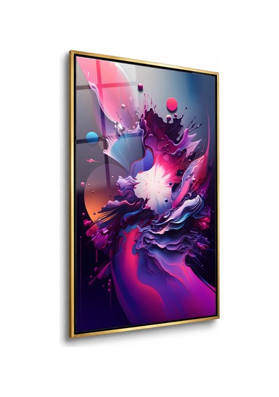 Lacivert Fondaki Fuşya Soyut Dalgalar Gold Çerçeveli Cam Tablo