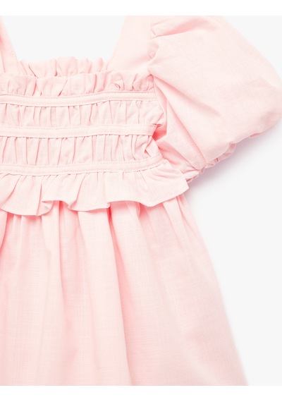 Koton Balon Kollu Fırfır Detaylı Pamuklu Elbise Pembe 6smg80098aw Gül