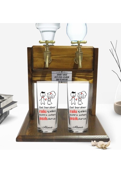 Kişiye Özel Renkli Baskılı Gel Beraber Rakı İçelim Tasarımlı İkili Rakı Bardağı Ve Çift Musluklu Doğal Ahşap Rakı Standı-1