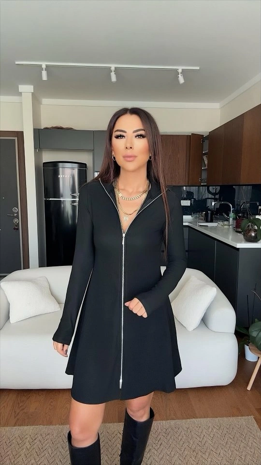 Hazego Kadın Uzun Kollu Hakim Yaka Ayarlanabilir Fermuar Dekolteli Mini Elbise Siyah