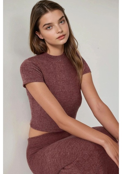 Hiccup Slim Fit Triko Crop Bluz Bordo Kırmızı