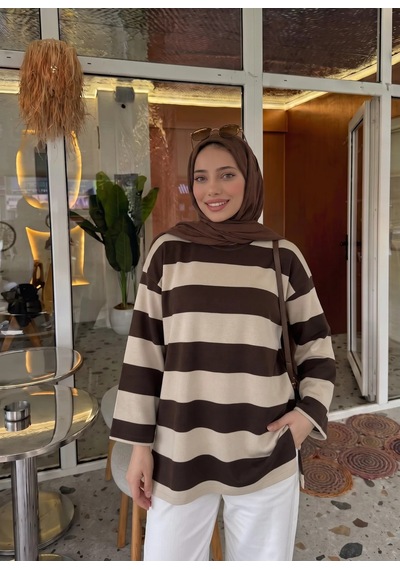 Trend Paris Çizgili Yanı Yırtmaçlı Rahat Kalıp Tunik Bluz Kahverengi 40