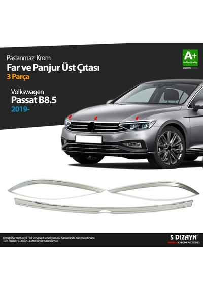 S-Dizayn  Volkswagen Passat Uyumlu B8.5 Krom Far Üzeri Çıta Seti 3 Parça 2019 Ve Üzeri