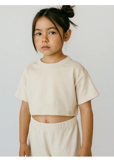 R.g Kız Çocuk Pamuklu Basic Crop T-shirt-15860 Bej