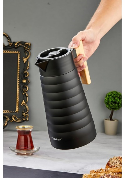 Bambu Saplı 2 Litre Paslanmaz Termos, Çift Kat Çelik, Siyah Çok Renkli